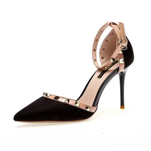 欧美性感铆钉奢华尖头一字扣带宴会鞋女单鞋20春季新款细跟高跟鞋