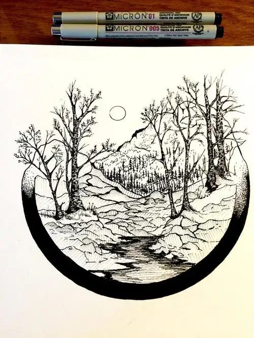 手绘黑白画线描针管笔将自然风景画进几何的艺术来自插画师derekmyers
