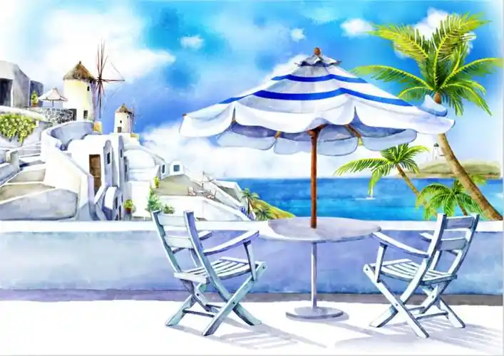 夏日海滩水粉画夏天海滩的图片绘画