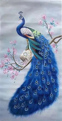 立在枝头上的孔雀中式油画寓意为出人头地玄关竖版油画客厅装饰画手绘