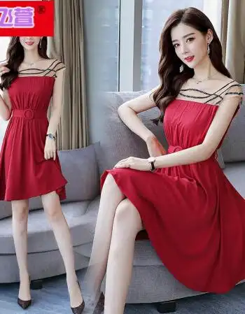 一字肩连衣裙女夏2018新款小个子高腰显瘦网纱裙子红色温柔仙女裙