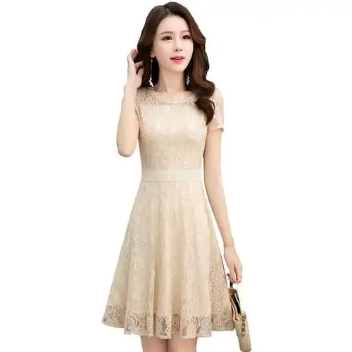 蕾丝连衣裙女夏女士春新品女装韩版显瘦气质甜美短袖女士雷丝裙子