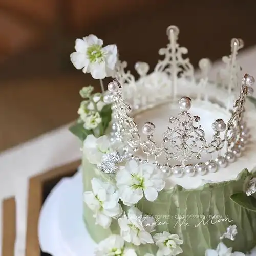 小清新茉莉花抹茶珍珠钻石皇冠女生生日蛋糕摆件女神装扮礼物