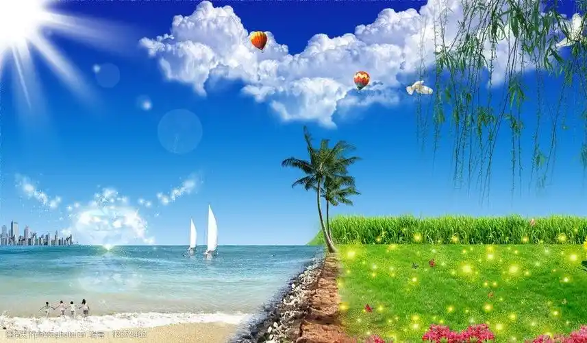 关键词:风景 蓝天白云 树 草地 红花 柳树 大海 太阳 psd分层 景观