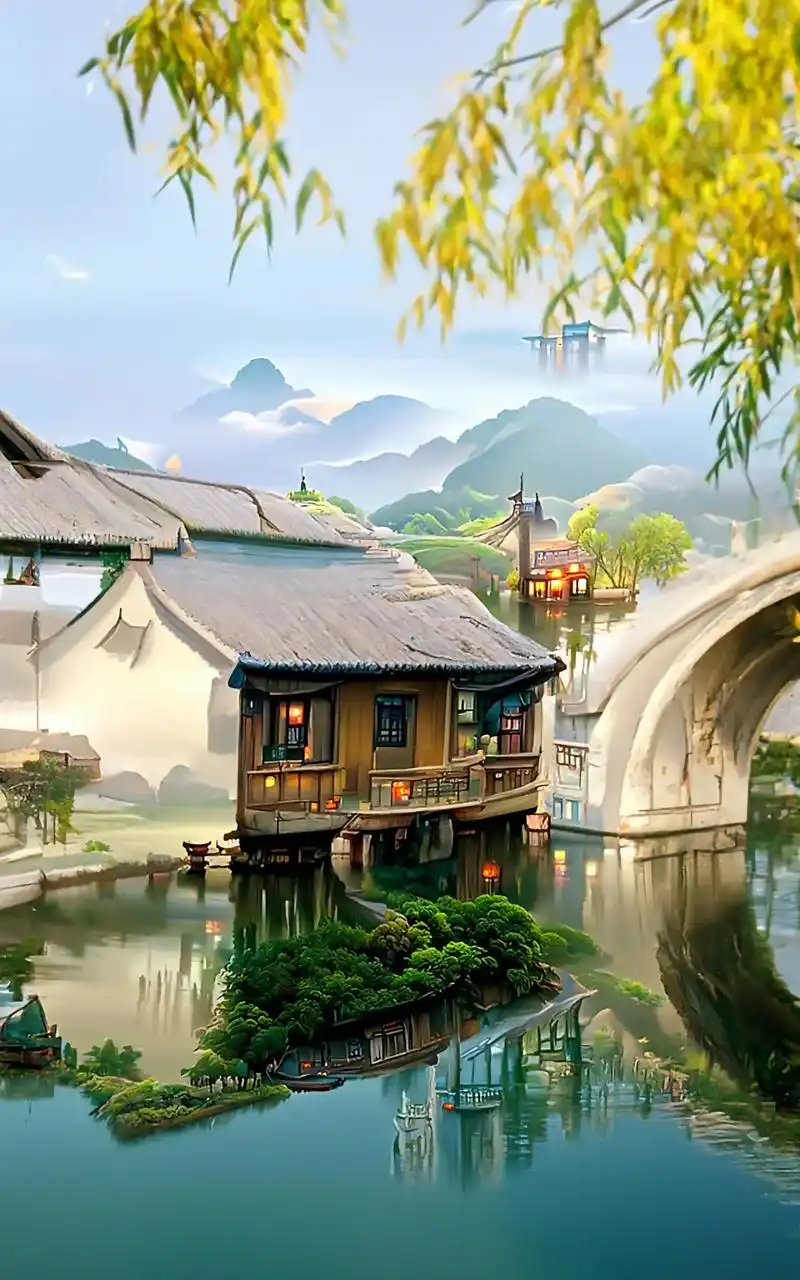 水乡,人家,小桥流水,是我羡慕的生活,你呢?#ai绘画 #图 - 抖音