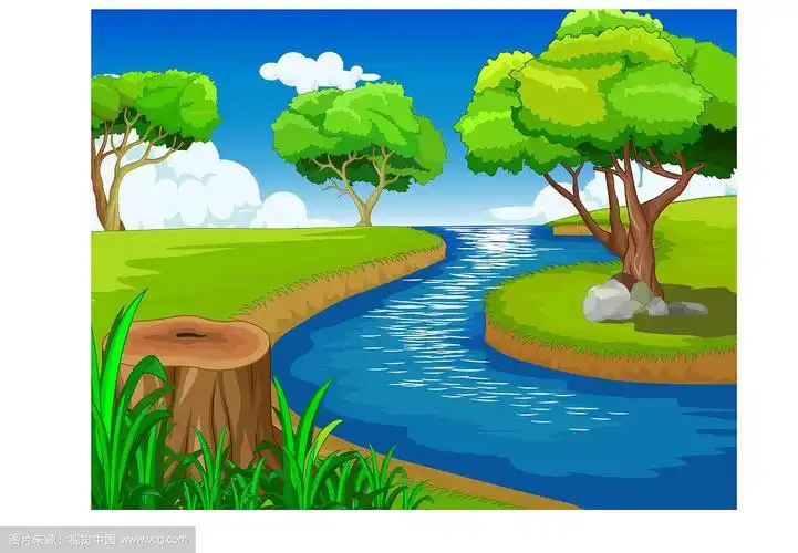 美丽的风景河流,树木,和草地的视野卡通