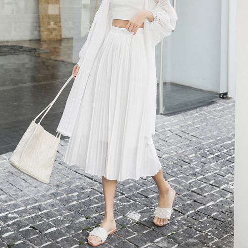 白色半身裙女夏薄款a字裙2021新款雪纺裙中长高腰百褶裙显瘦伞裙