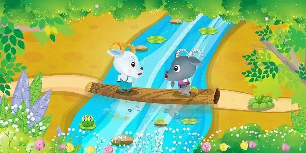 two goats两只小羊over a river there was a very narrow bridge.