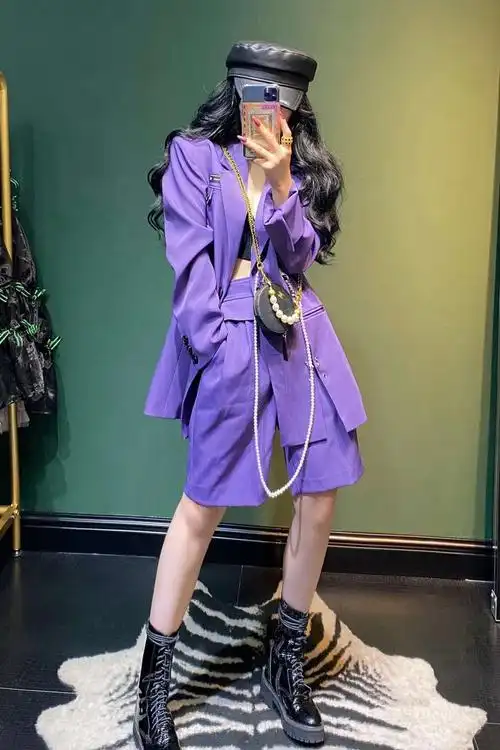 欧洲站2021冬季新款西服时尚套装韩版个性西装五分裤女装两件套潮