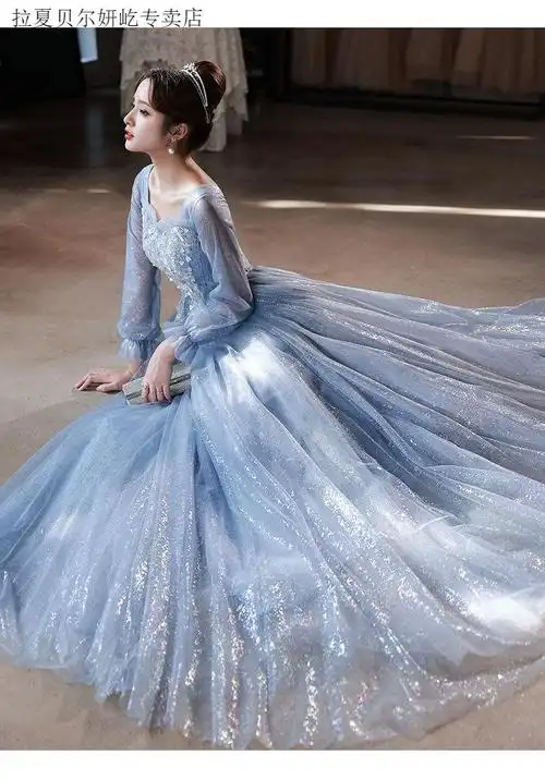 拉夏贝尔蓝色晚礼服女2022新款感宴会气质长袖轻奢小众高端年会艺考裙