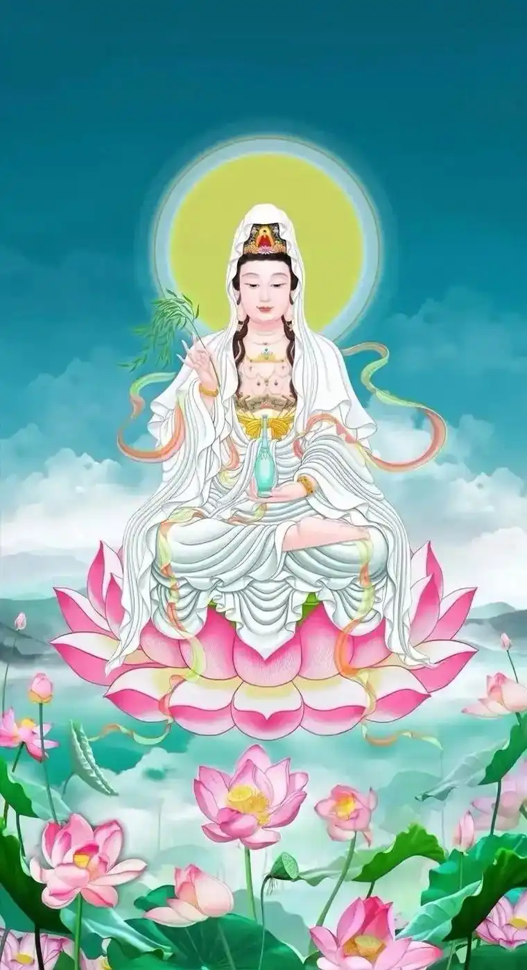 左手托着白色玉净杨柳瓶,面相慈祥,却犹显菩萨威仪,观世音菩