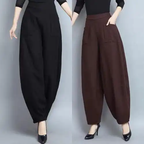 休闲百搭萝卜哈伦裤2024新款女民族风棉麻高腰宽松阔腿灯笼裤夏季