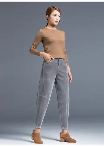 条绒裤子女2019新款秋冬哈伦裤萝卜裤宽松显瘦休闲加绒灯芯绒女裤 咖