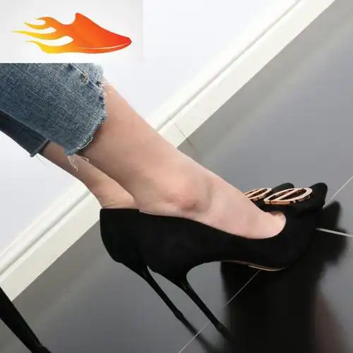 fishbasket尖头蝴蝶结高跟女鞋2019秋冬新款时尚细跟绒面浅口名媛单鞋