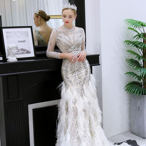 leedyme预售推荐重工定制钉珠礼服长款鸵鸟毛性感新娘婚纱包邮