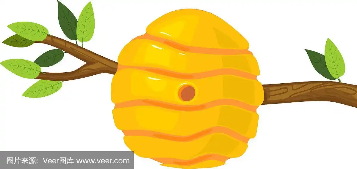 黄色卡通蜂巢在树枝上孤立在白色背景上