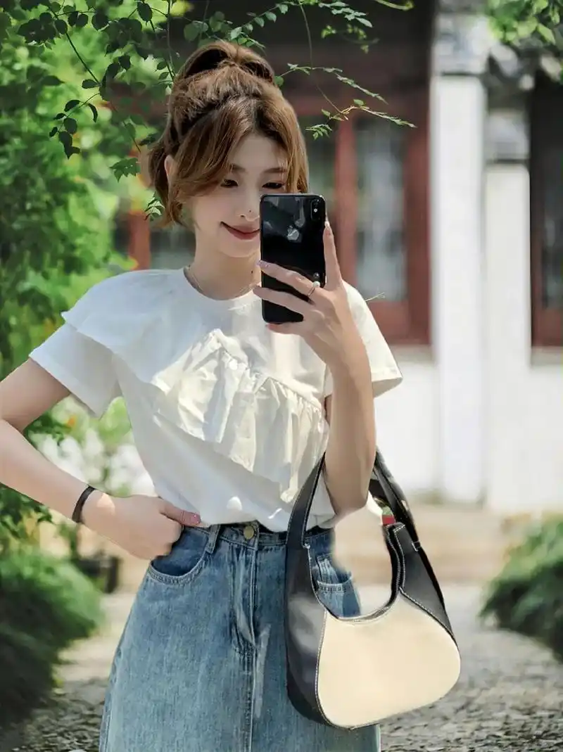 荷叶边拼接设计感短袖上衣