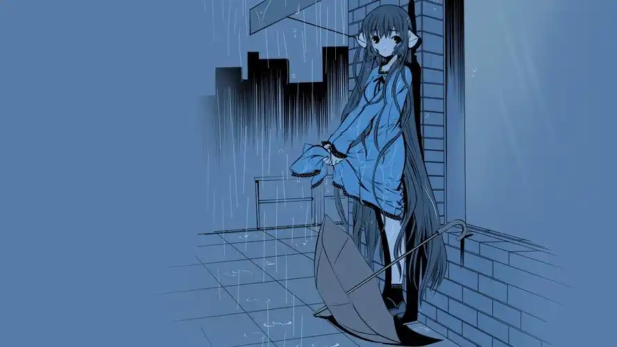 动漫动漫本子人形电脑天使心人物动漫女孩自然雨颜色蓝色背景雨伞