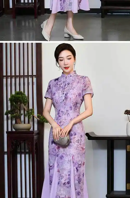 fgacct旗袍鱼尾裙2020新款苎麻中国风年轻时尚改良旗袍中长款大码紫色