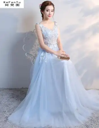 珂梵图长款伴娘服时尚深v款晚礼服姐妹团伴娘裙淡蓝色性感毕业小礼服
