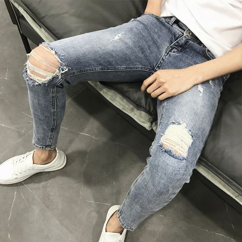 有腔调的浅色乞丐破洞九分牛仔裤男夏新款薄小脚紧身裤社会人网红