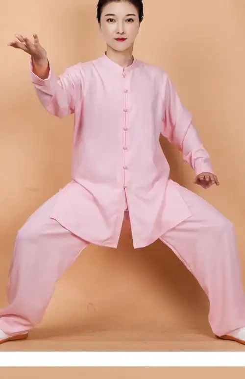 服女士女新款中长武术亚麻棉麻太极拳练功服女夏季服装春秋粉色长袖xs