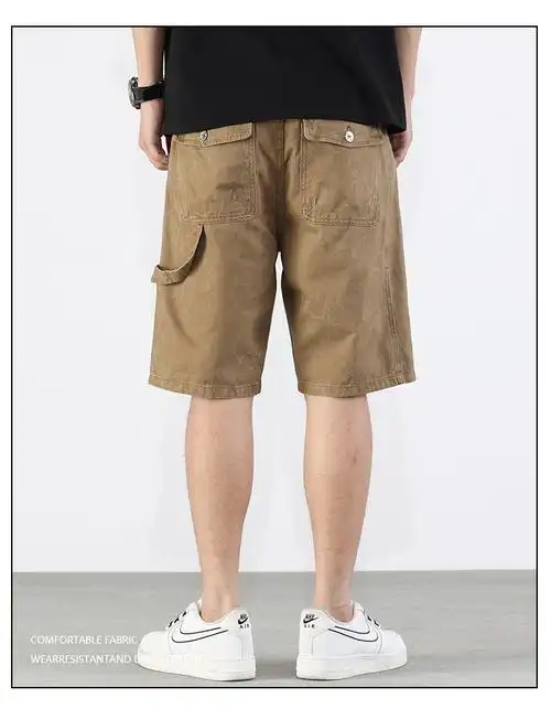 简徒2022夏季新款卡其色牛仔短裤男潮流宽松大码休闲直筒中裤子男卡其