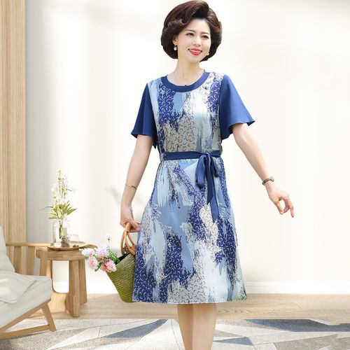 夏季休闲简约裙子妈妈装中老年女装垂感冰丝连衣裙