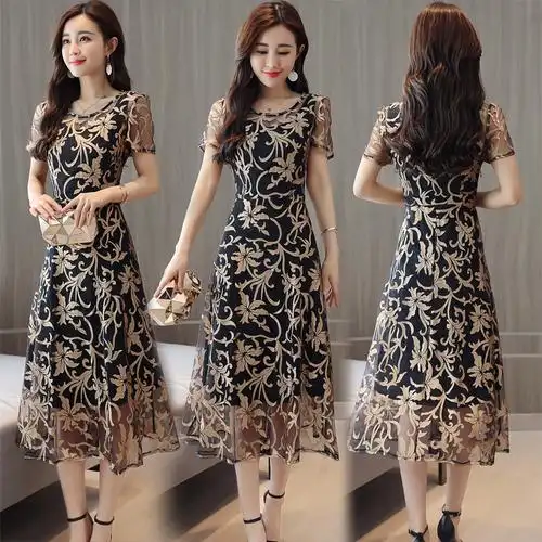 网纱碎花连衣裙女士夏款新品时尚名媛35岁到45女装妈妈中年裙子女