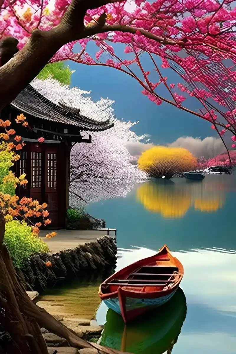 两岸亭楼桃花艳,一曲妙音心陶醉,又是一年春好处,烟雨江南遍芬 - 抖音