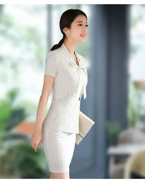 短袖职业装女装套裙夏装白色条纹西装套装酒店前台工装正装工作服-t