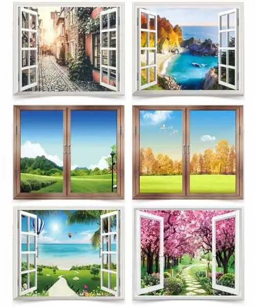 3d仿真立体假窗户墙贴纸客厅创意装饰墙贴画卧室风景墙面自粘壁画山区