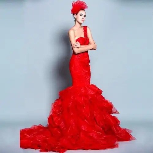 一生一纱婚纱礼服 2013冬季新款 红色婚纱单肩显瘦鱼尾新娘结婚纱