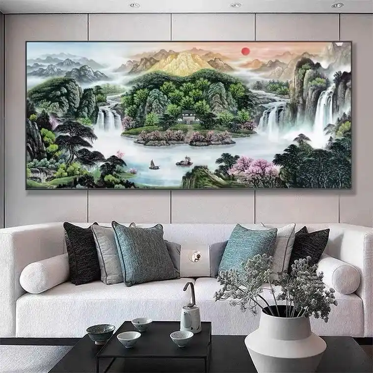 大气山水八方聚财客厅背景墙壁画