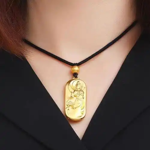 喜伴珠宝999足金吊坠古法金观音黄金吊坠方牌男款项链挂坠新款
