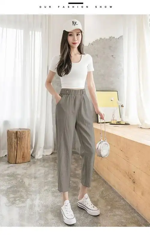 冰丝棉麻裤子女夏季薄款休闲女裤2024新款高腰直筒宽松九分哈伦裤