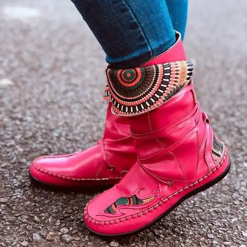 wish独立站爆款2020秋冬欧美民族风绑带两穿中筒靴43码外贸女靴子