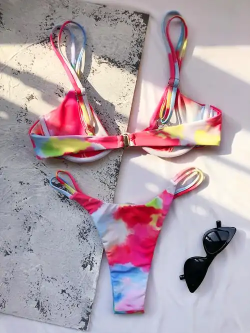 印花比基尼钢托聚拢分体泳衣超小bikini性感泳装比基尼