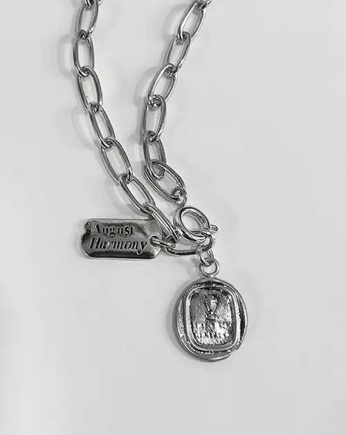 韩国augustharmony潮牌正品代购复古时尚圆牌项坠项链