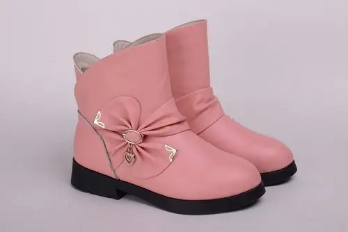 一件代发 韩版童靴蝴蝶结真皮女童童棉鞋儿童雪地靴女童靴子图片大全