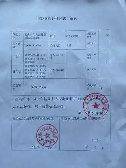 道路运输证件注销申请表