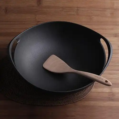 加厚铸铁锅双耳炒锅圆底手工生铁锅36cm无油烟无涂层不粘锅炒菜锅_不