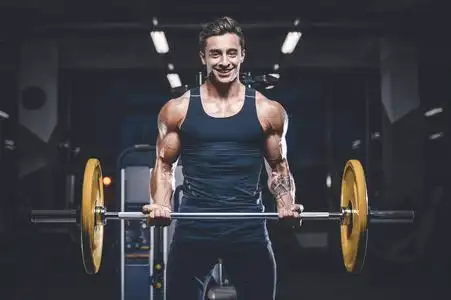 英俊的年轻适合肌肉的白种人模型外观锻炼训练在健身房获得重量抽肌肉