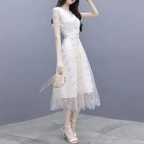 服装女装2019夏季新品超仙收腰女士裙子网纱连衣裙女长裙8303