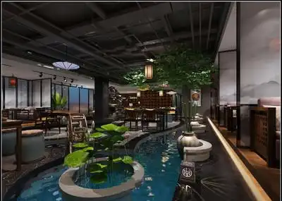 茶楼大厅 中式景观 水景 古色古香