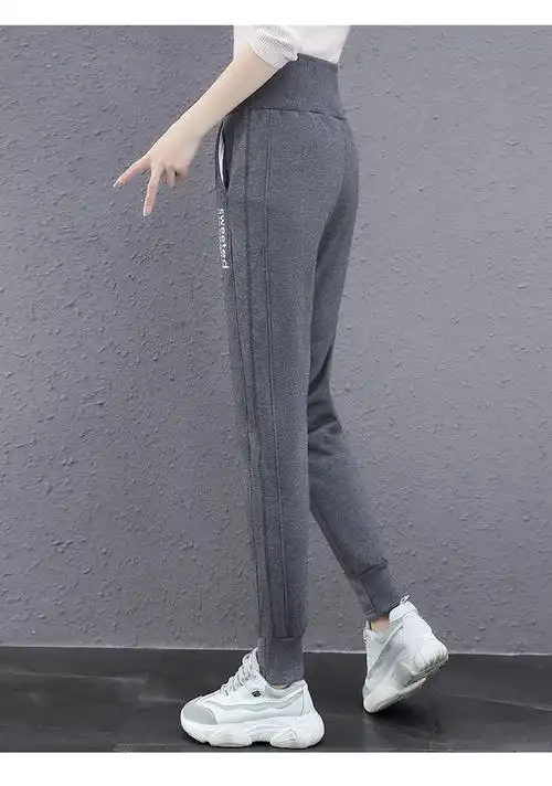 灰色运动裤秋女显瘦百搭外穿宽松萝卜冬季宽腰带高腰裤棉裤女卫裤