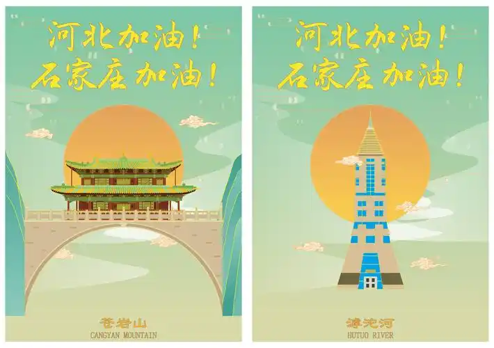 习作:抗疫必胜,河北石家庄加油 正定地标建筑插画
