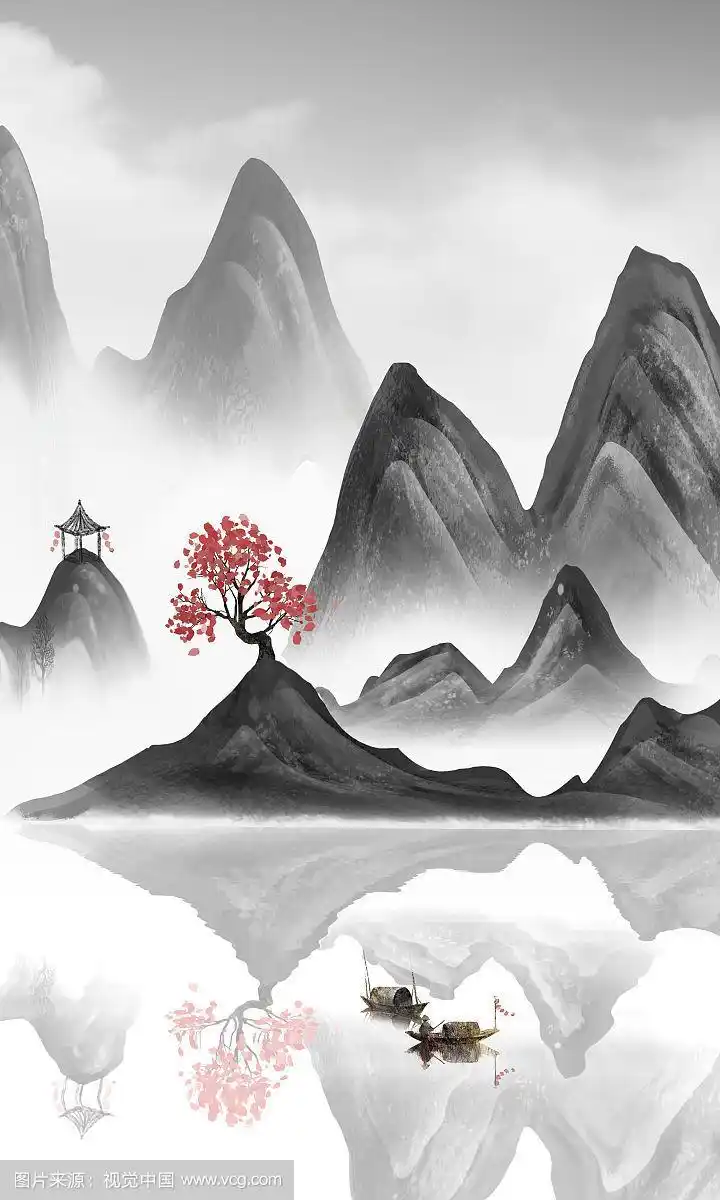 手绘中国风水墨山水风景画