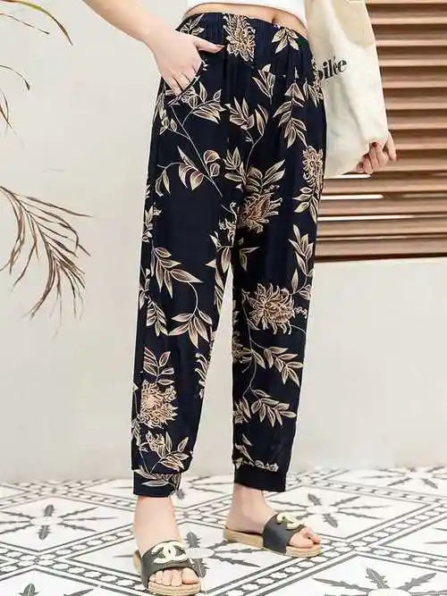 夏季薄款冰丝裤女灯笼裤显瘦大码妈妈裤九分防蚊花裤子中老年女装