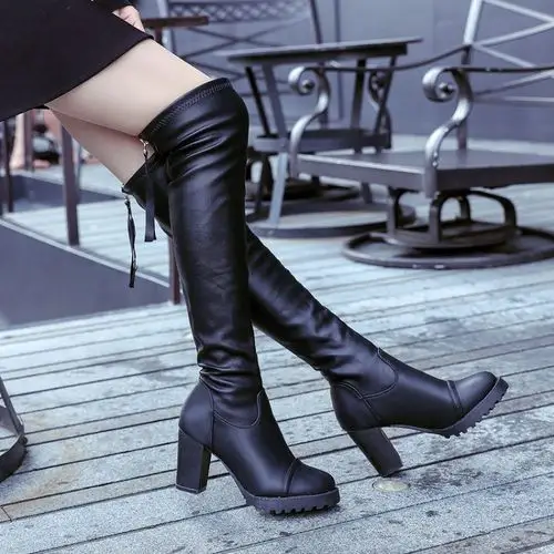 颐纱缦2017秋冬新款女靴粗跟过膝长靴显瘦弹力靴高跟马丁靴长筒骑士靴